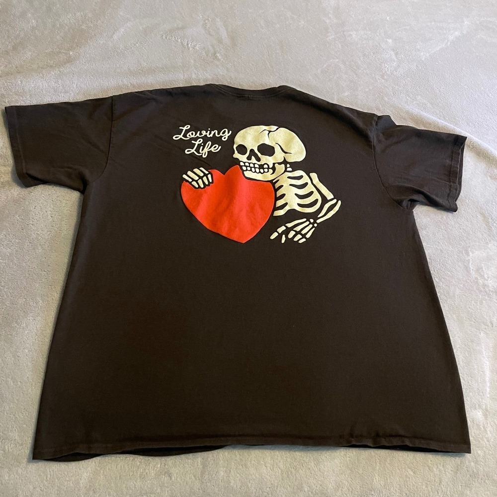 Peace Of Mind Mens Large Brown Skeleton Heart Loving Life Graphic T-Shirt Cotton